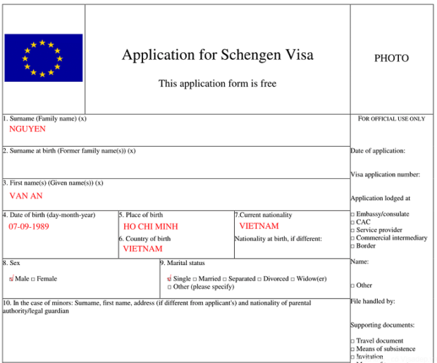 Mẫu tờ khai xin visa Schengen